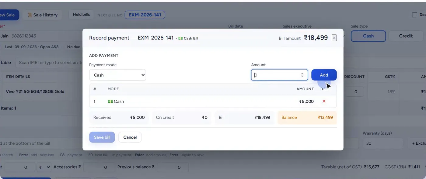 Payment popup — cash + UPI + card ek bill mein (demo data)