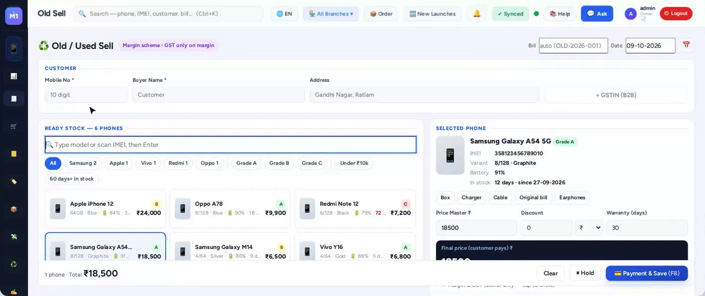 Old Sell — ready stock with grade, battery, days in stock (demo data)
