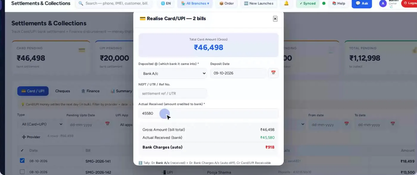 Realise Card/UPI — received amount aur bank charges (demo data)